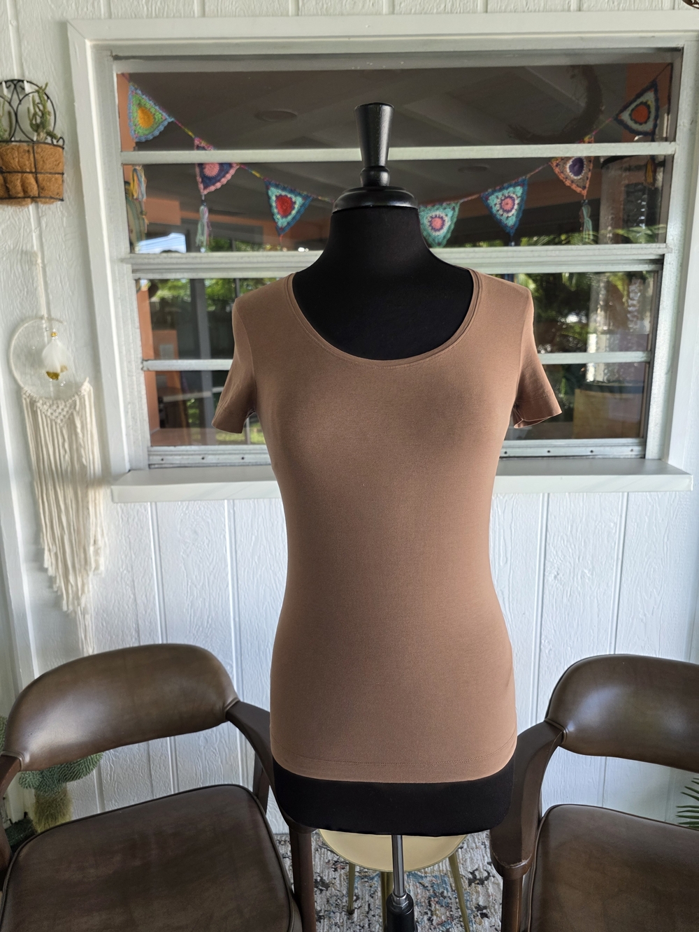 Escada Y2K Baddie Short Sleeve Scoop Neck Top Mocha Brown Strechy Tee - Picture 8 of 12